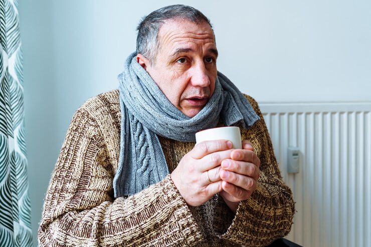 hombre mayor cn frio, tomando bebida caliente